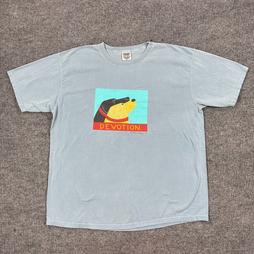 Stephen Huneck Devotion Dog Art Comfort Colors Men's XL Blue Graphic T-Shirt Tee